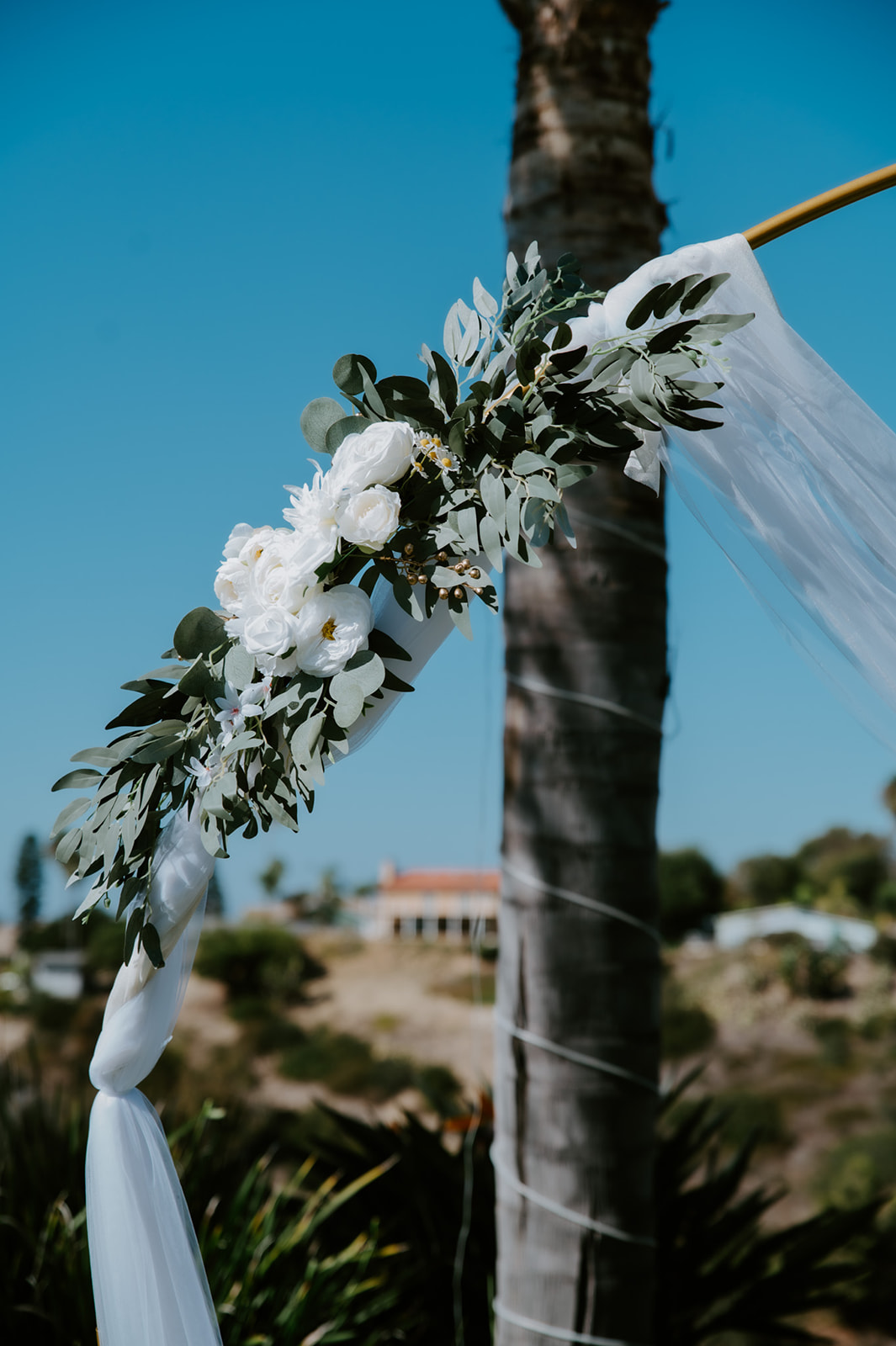 Floral ceremony arch with white draping and greenery framed by palm trees, a thoughtful setup that reflects how to plan an elopement with family outdoors.