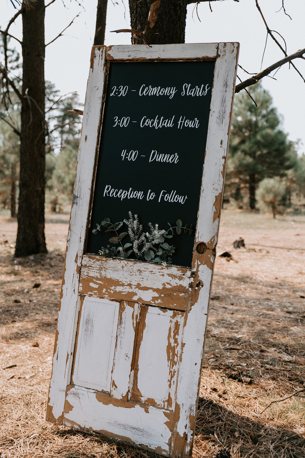 Vintage door display with ceremony timeline details set up in the woods for a couple choosing to elope in Arizona.