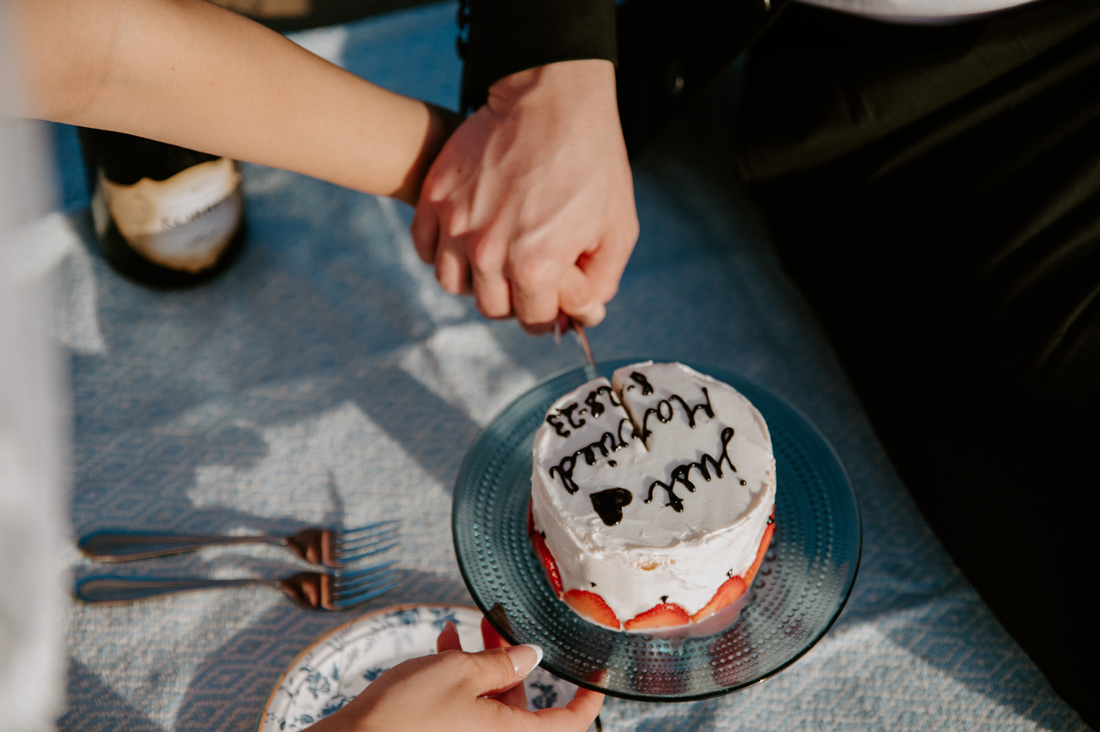 Couple cutting into a small wedding cake together during a picnic-style elopement, a fun and personal elopement checklist idea.
