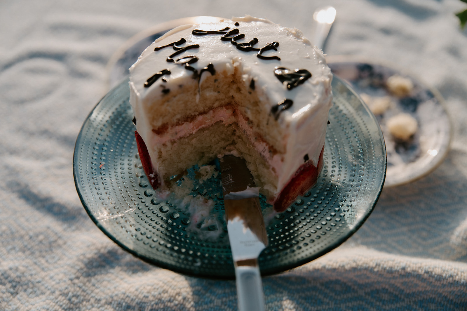 Close-up of a small wedding cake with a slice missing on a picnic blanket, a simple dessert idea for an elopement checklist.
