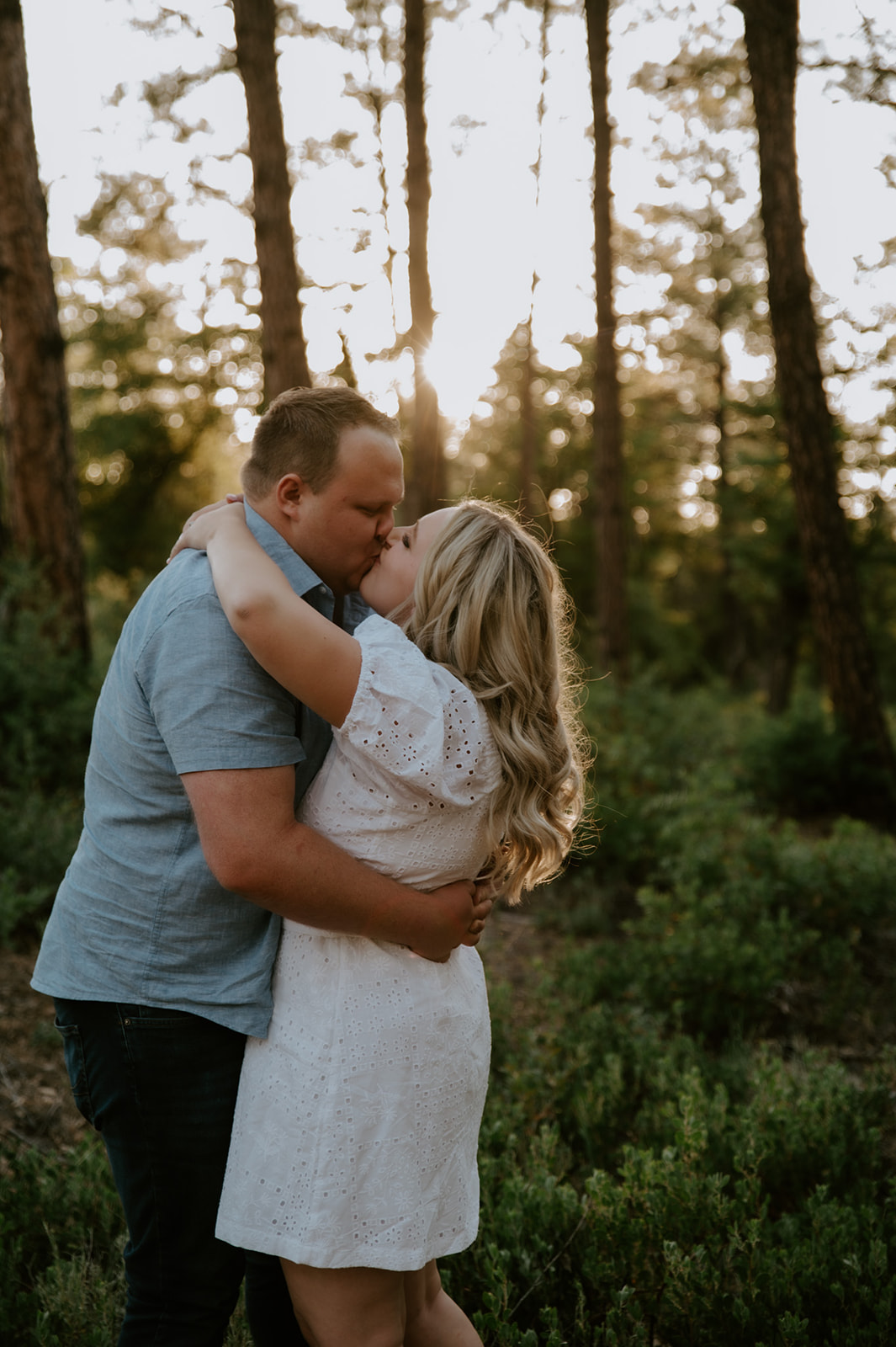 Couple sharing a kiss in a pine forest with golden sunlight shining through the trees, a romantic adventure elopement moment

