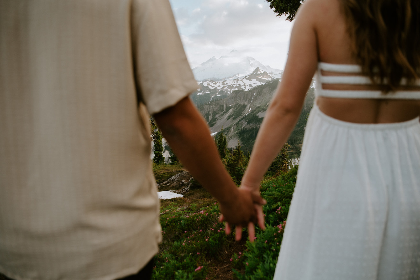 Couple holding hands during a mountain national park wedding surrounded by wildflowers and alpine views