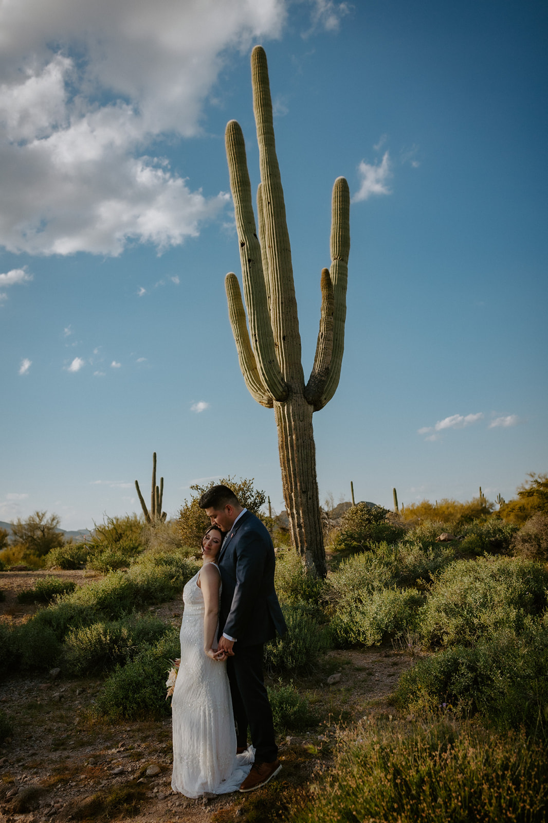 Romantic portrait of a couple standing beneath a giant saguaro while eloping in Arizona among desert scenery
