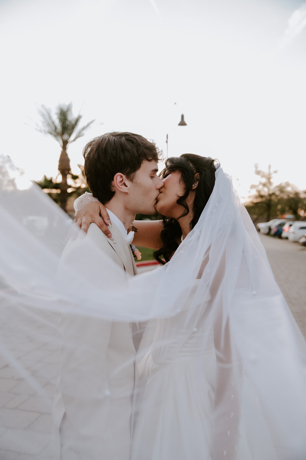 Bride and groom kiss outdoors as her flowing veil frames the romantic wedding portrait.
