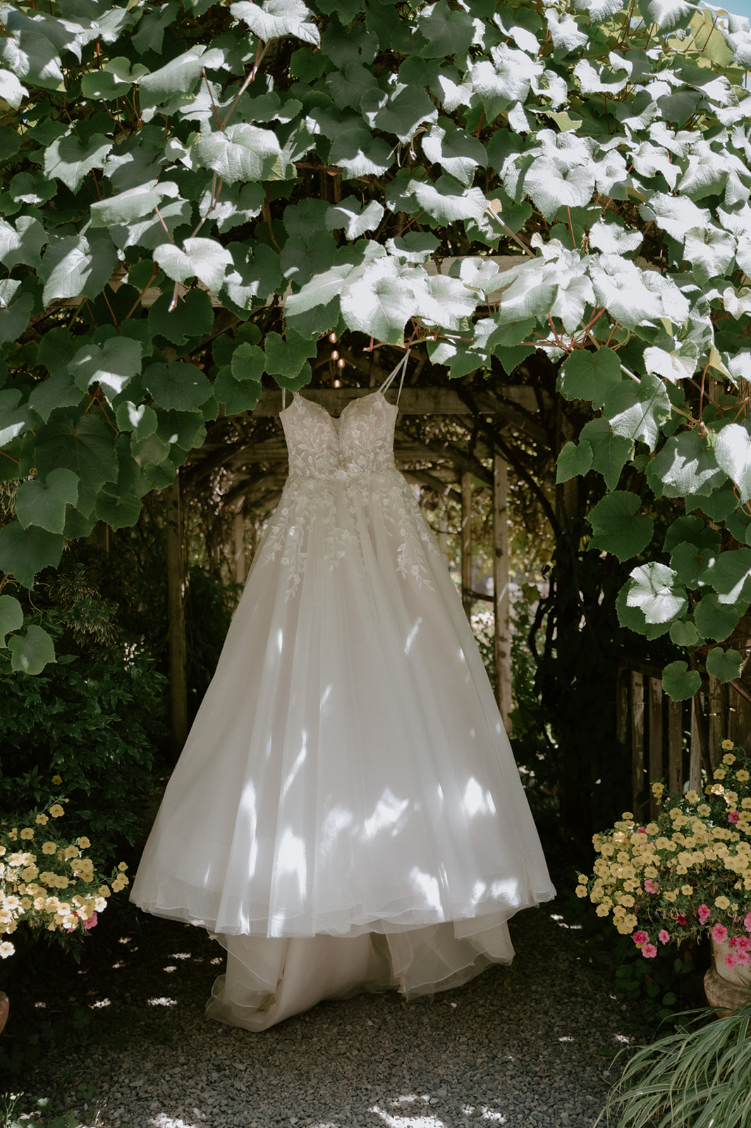 Romantic floral lace wedding gown hanging beneath a lush vine-covered pergola surrounded by garden flowers.