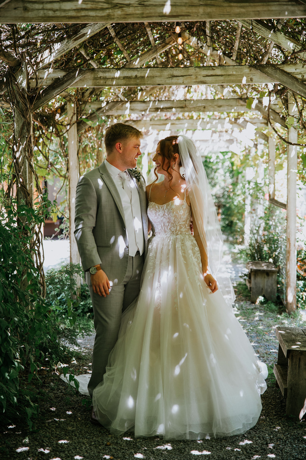 Bride and groom standing beneath a vine-covered wooden pergola for romantic wedding in seattle portraits.