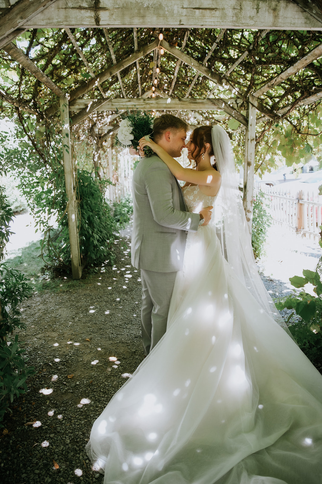 Bride and groom embracing beneath a vine-covered wooden pergola with sunlight filtering through the greenery.