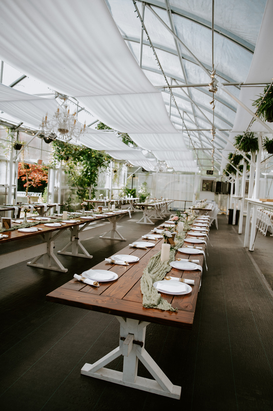 Rustic wedding reception featuring long wooden tables, white chandeliers, and greenery inside a bright greenhouse venue.